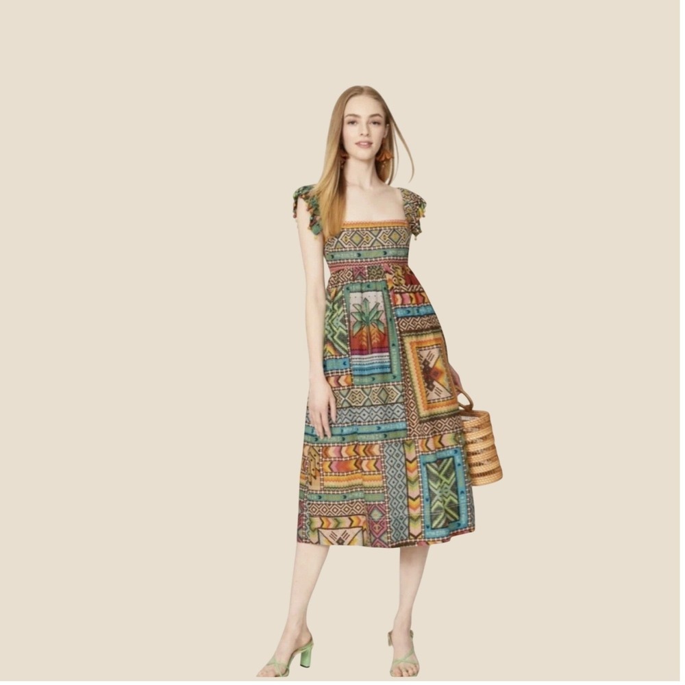 Farm Rio Womens Banana Scarves Midi Dress Multicolor Tropical Size Small